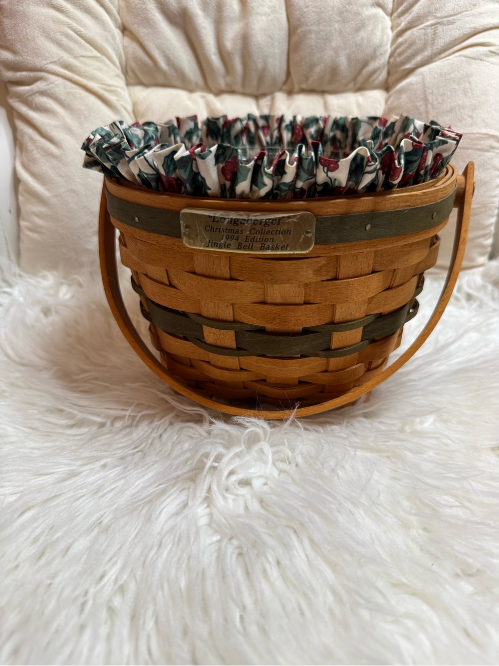 Longaberger 1994 Edition Christmas Collection Jingle Bell Basket w/ Holly Liner
